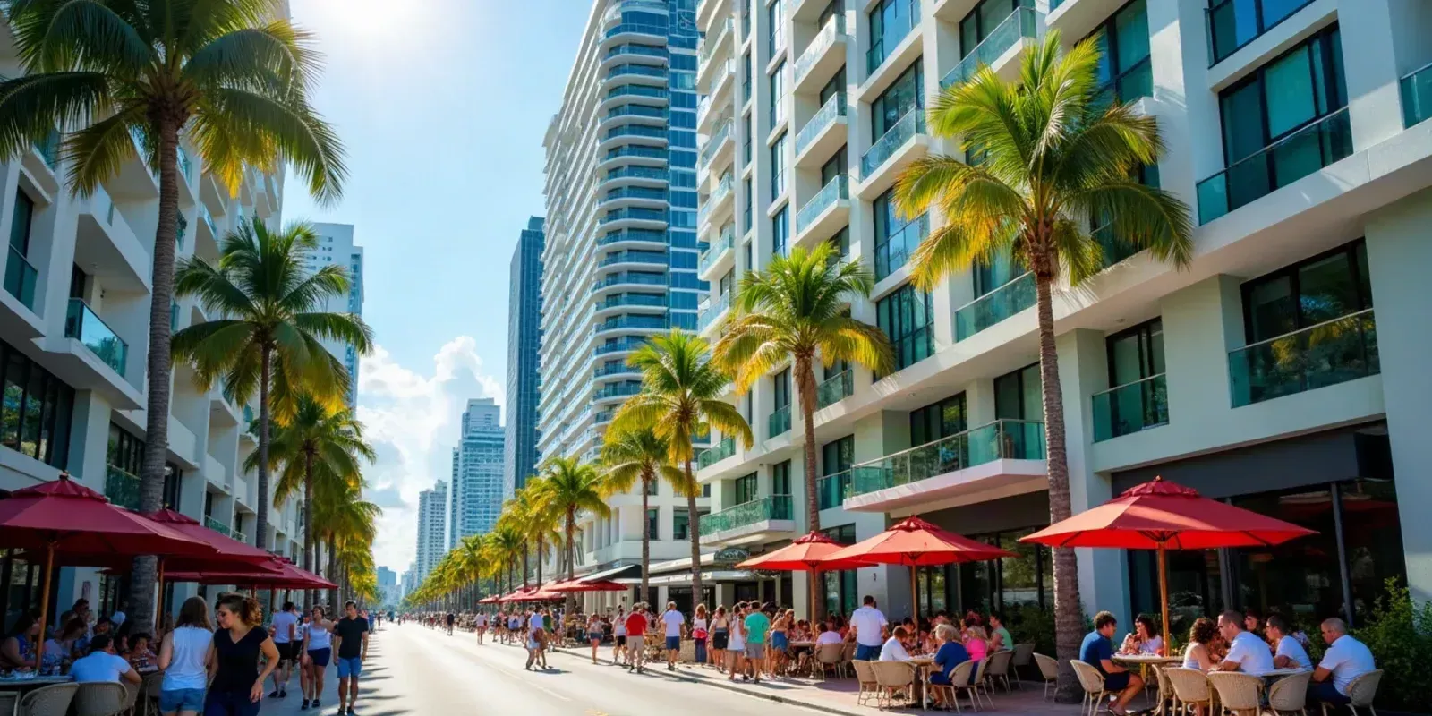 A bustling Miami street scene showcasing modern residential towers in Brickell, with a prominent luxury apartment building featuring large windows and balconies. In the foreground, diverse groups of tourists enjoy outdoor dining at a café, while others explore nearby shops. Natural sunlight filters through palm trees, casting soft shadows on the pavement. The vibrant colors of the buildings contrast with the blue sky, conveying a lively atmosphere. The image captures the essence of short-term rentals in an urban environment without any text or signage.